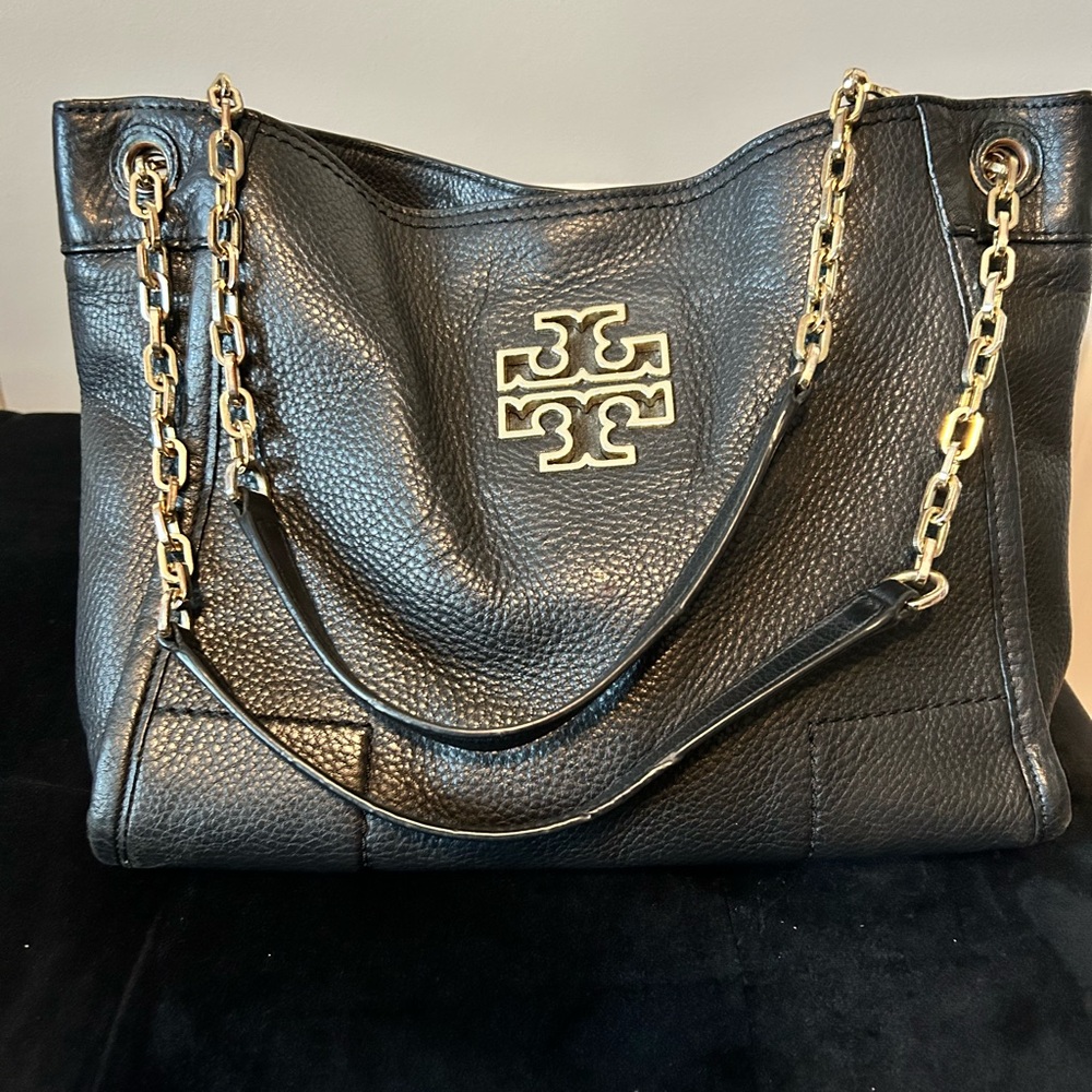 Tory Burch Black Pebbled Leather Tote with Gold Chain Handles